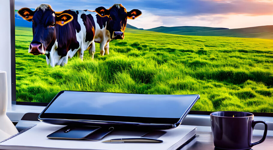 diary dairy write a journal on a computer at office cows on screensaver