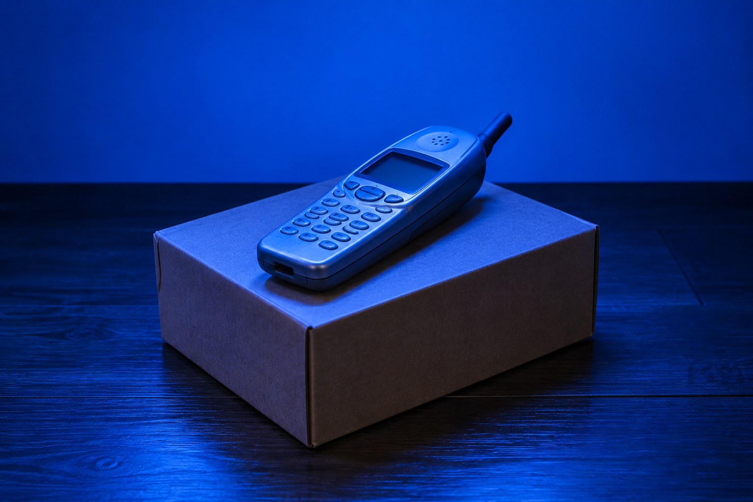 A 1990s mobile phone sitting on a plain cardboard box