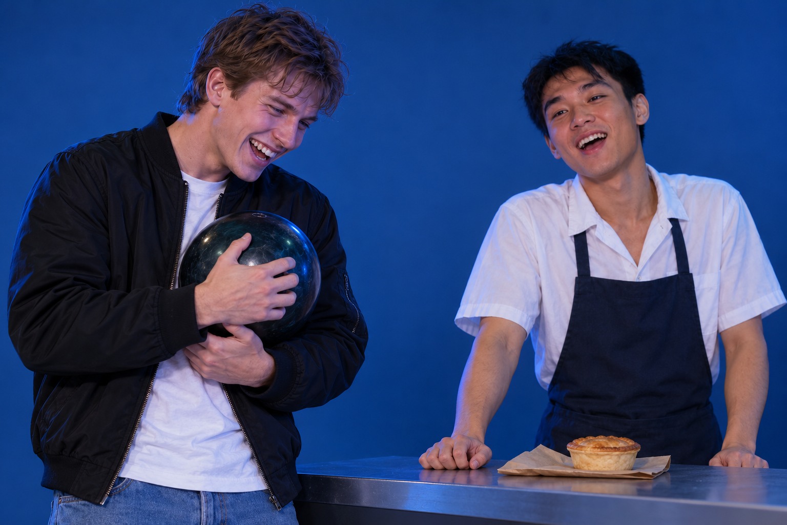 A young man hugs a bowling ball like a prize while the shop owner behind the counter shakes his head and laughs.
