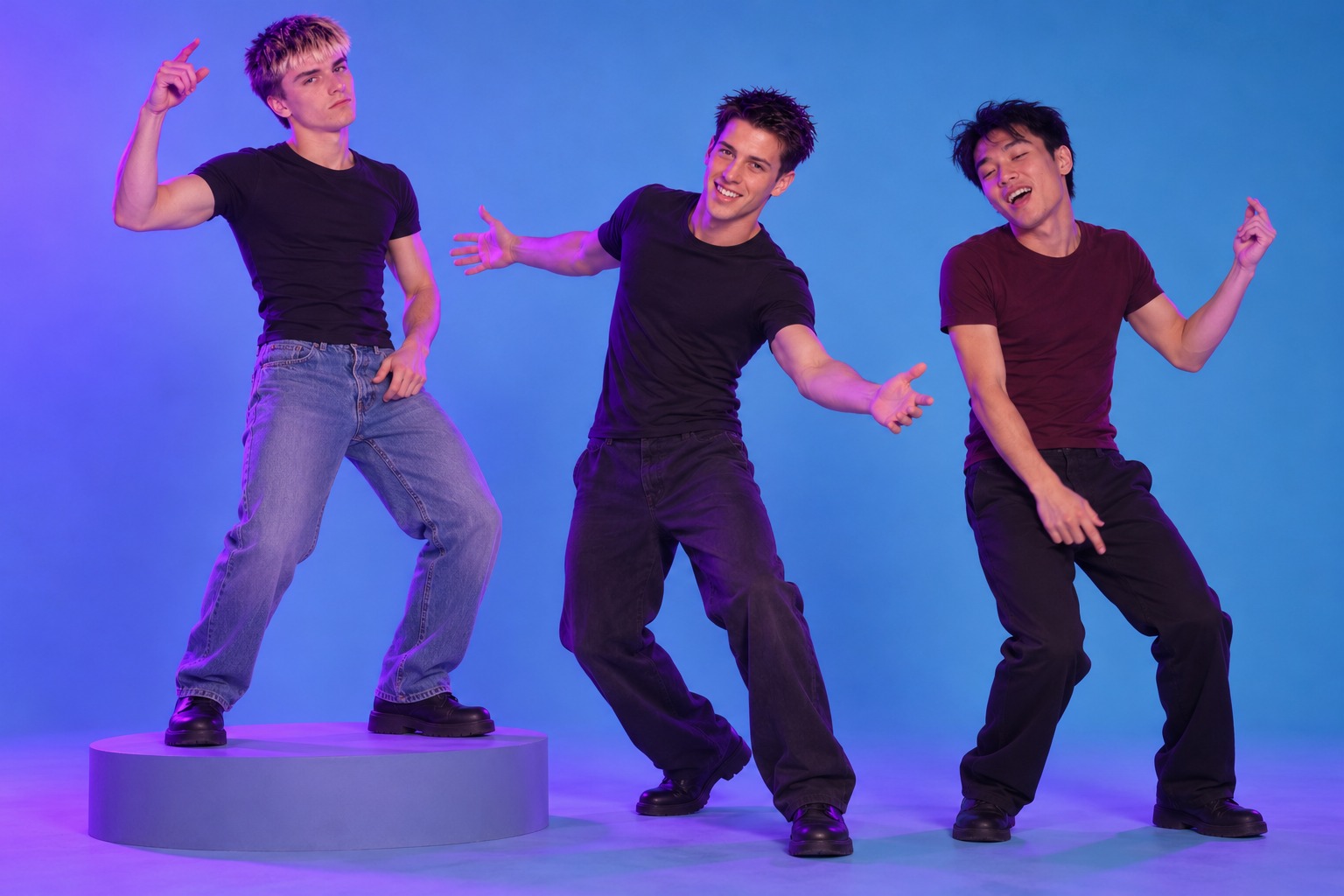 Three young men dance in a loose line, one up on a low round podium with a hand raised.