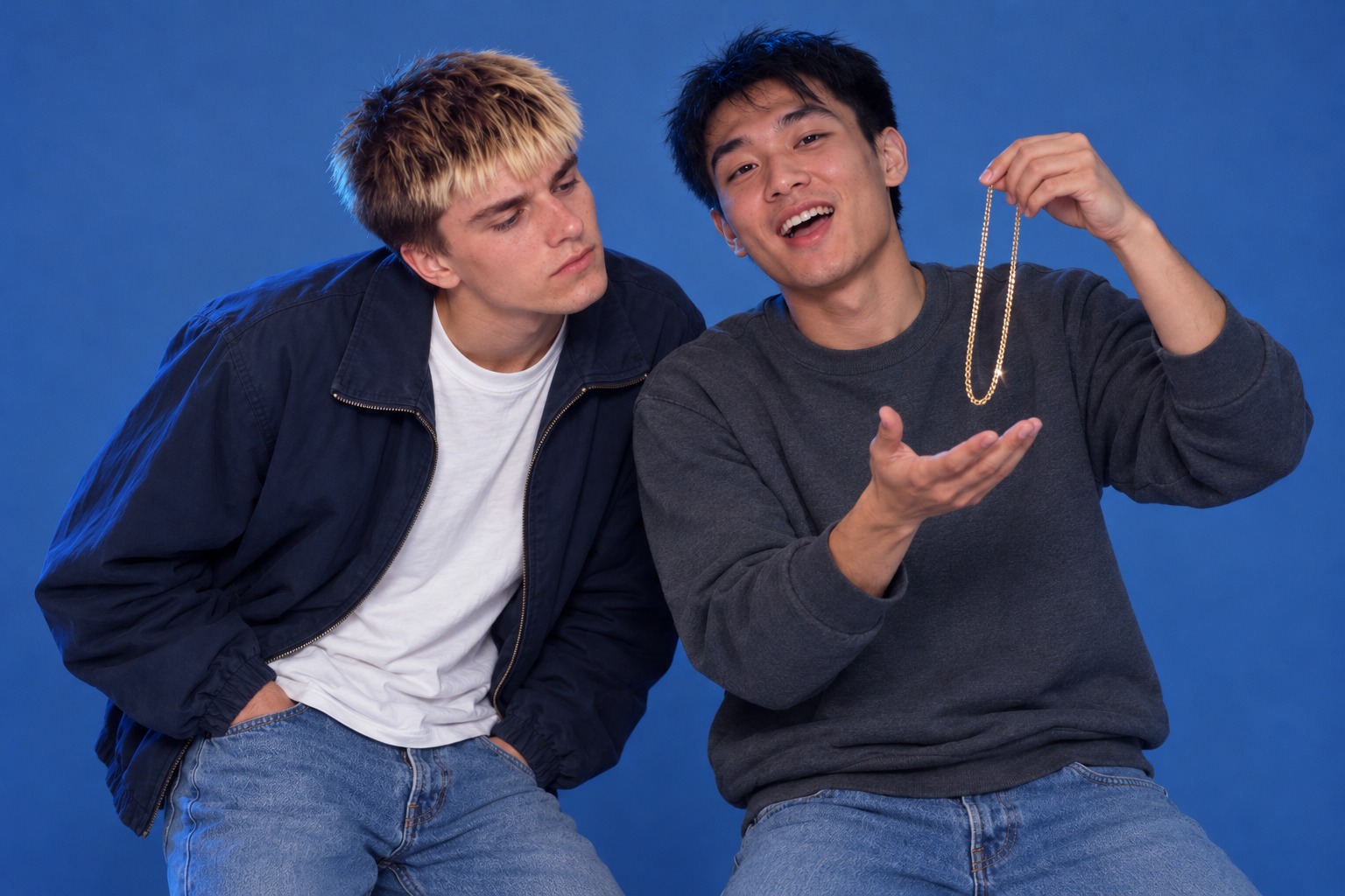 A young man dangles a thin gold chain like a salesman while a mate leans in to peer at it.