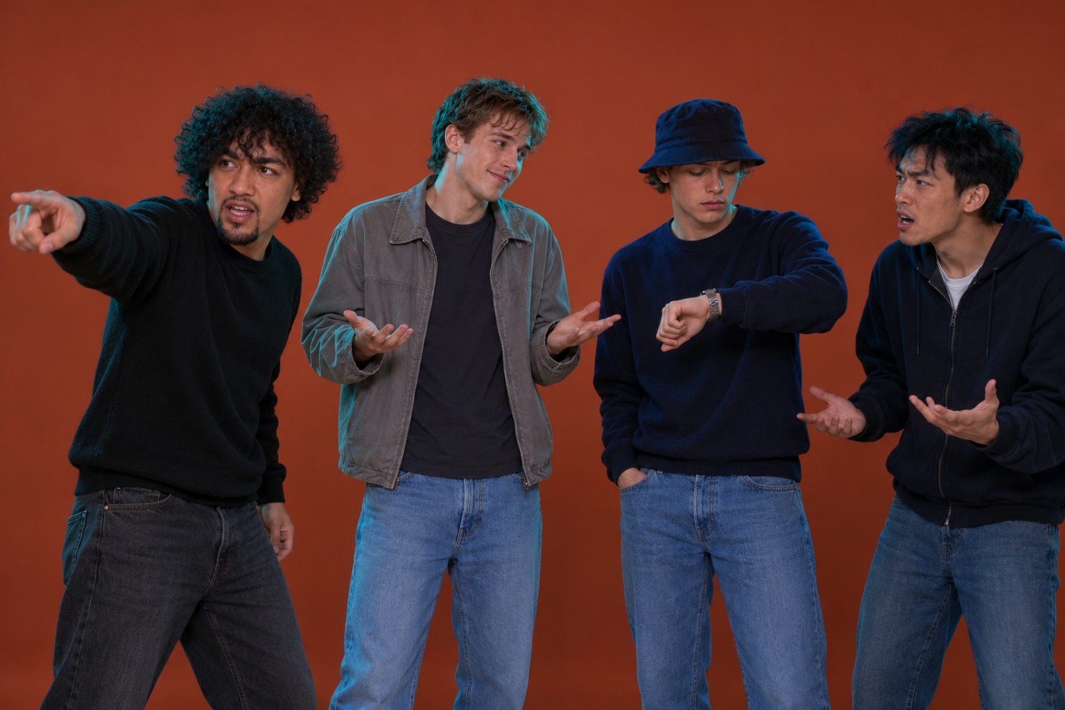 Four young men stand scattered and indecisive, one pointing at an exit, one shrugging, one checking his watch and one gesturing angrily.