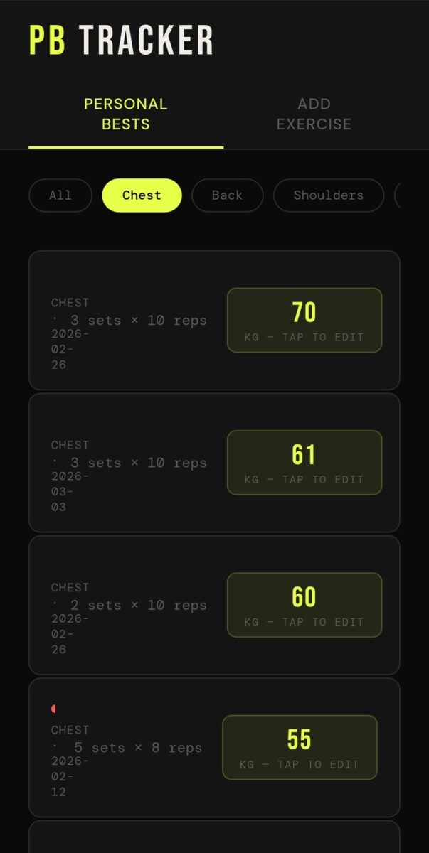 BeStreak screenshot: personal bests list