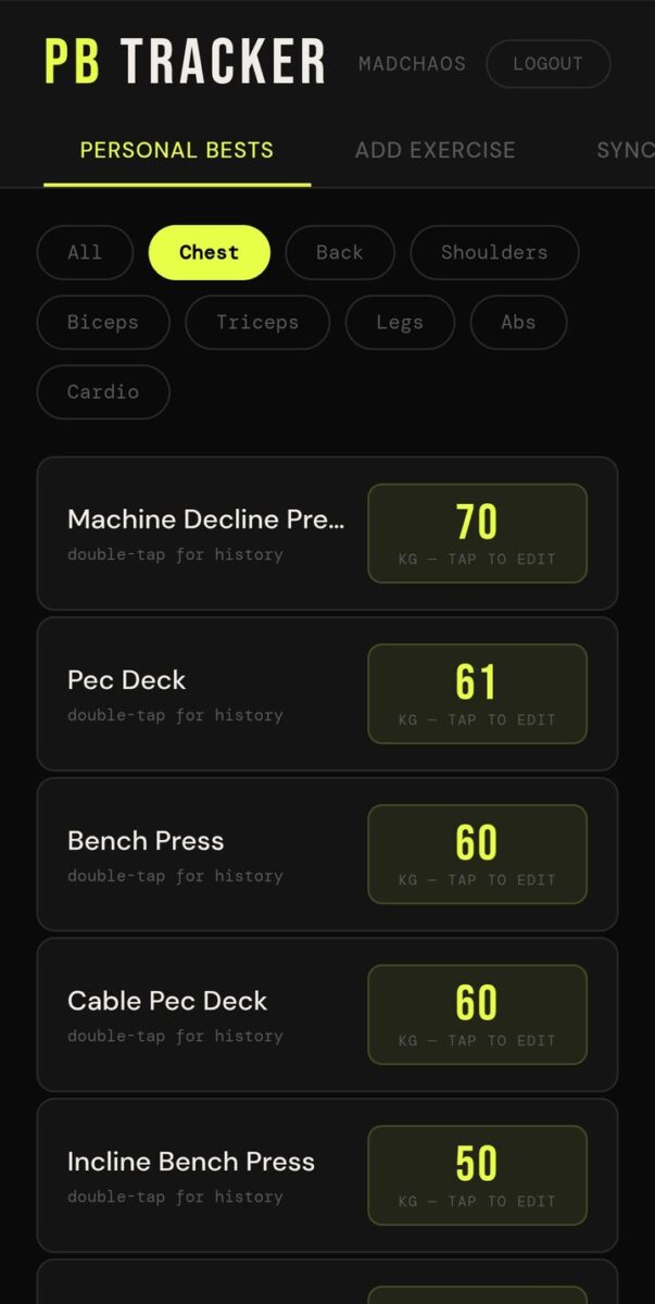 BeStreak screenshot: personal bests by body part