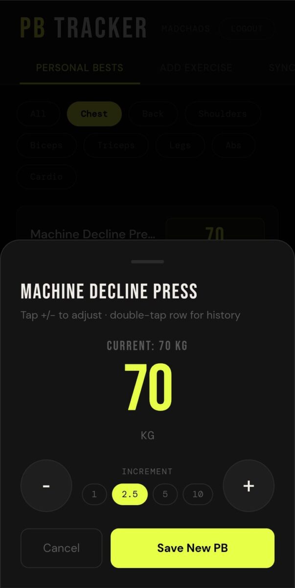 BeStreak screenshot: tap to edit personal best