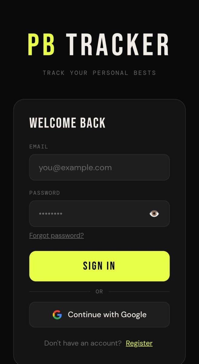 BeStreak screenshot: first login screen on firebase