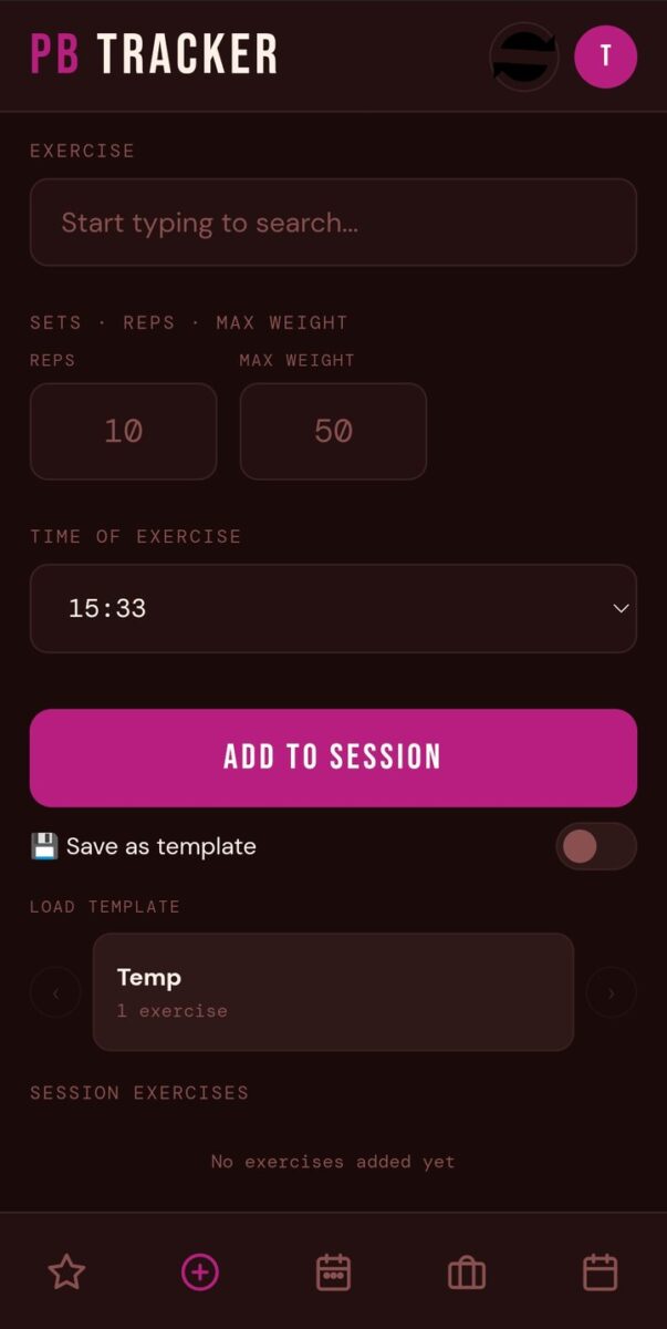 BeStreak screenshot: gym session entry