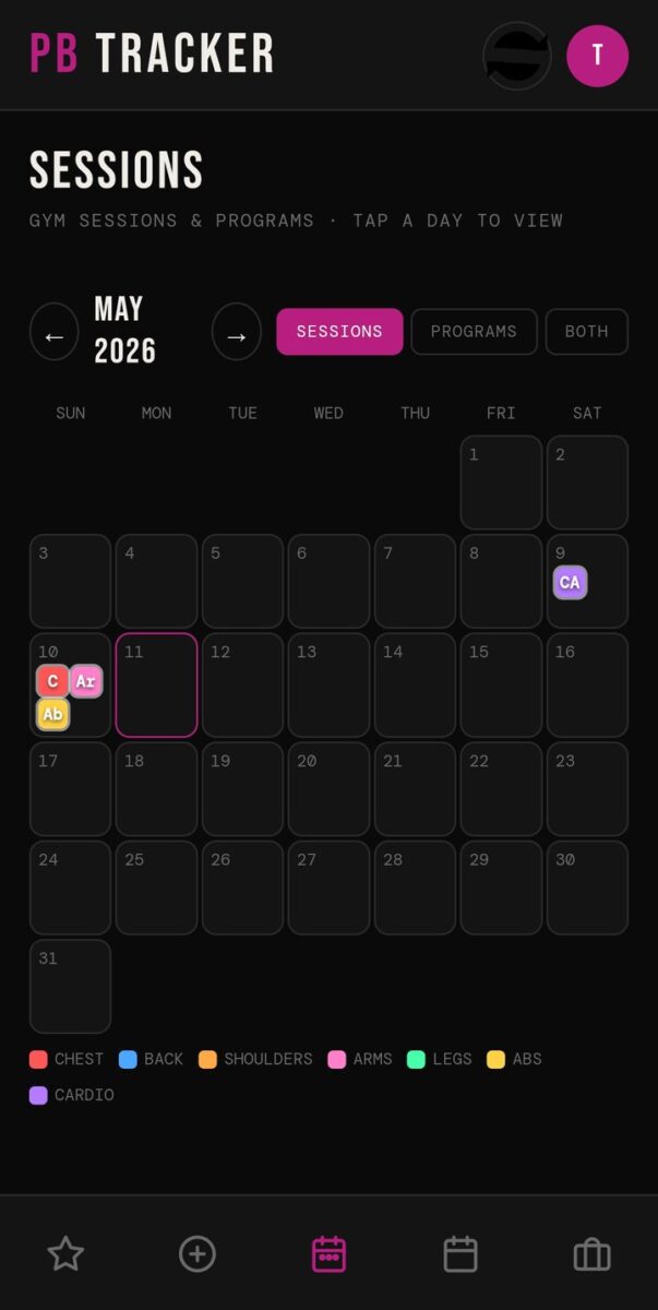 BeStreak screenshot: sessions calendar
