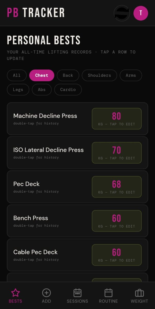 BeStreak screenshot: personal bests chest filter
