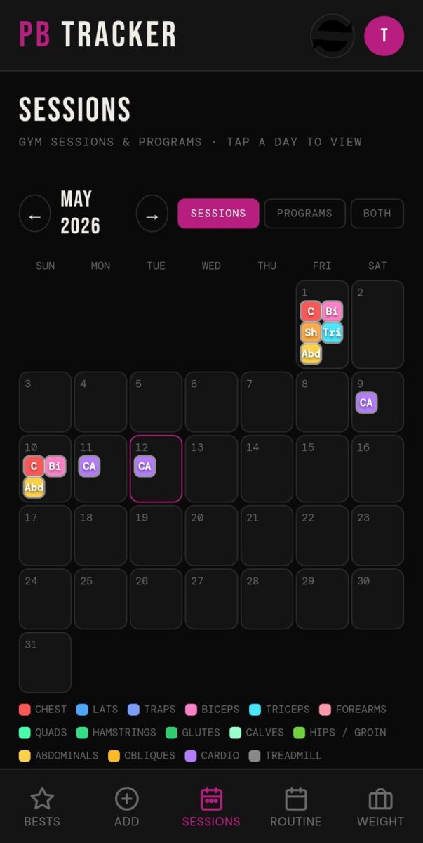 BeStreak screenshot: sessions calendar with body parts