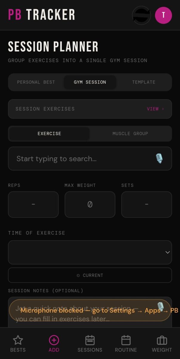 BeStreak screenshot: session planner microphone blocked