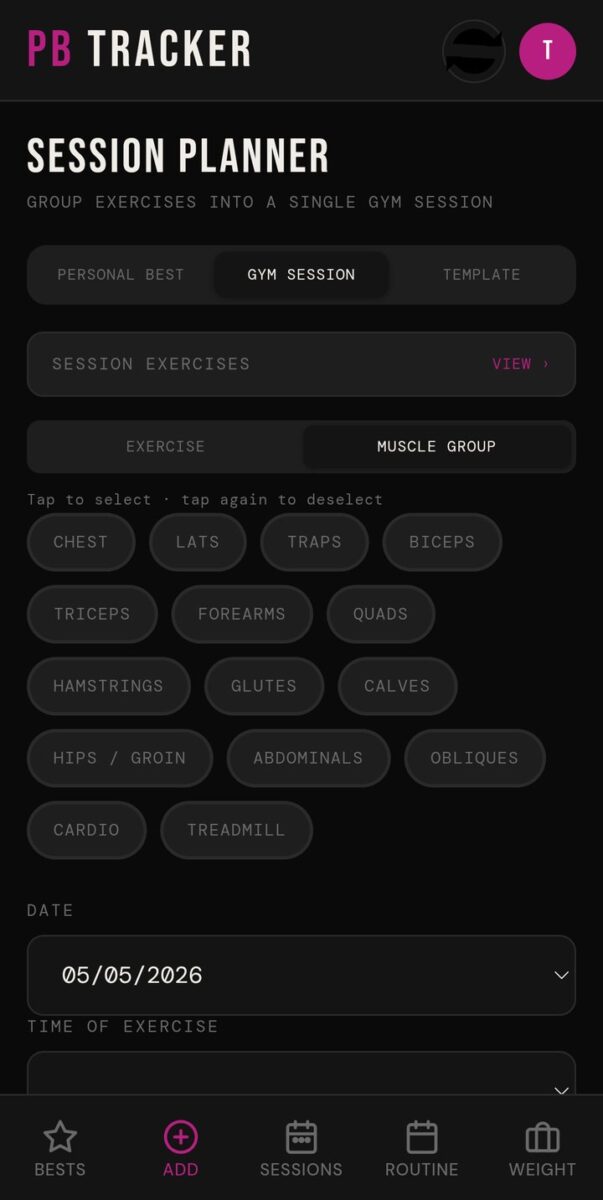 BeStreak screenshot: session planner muscle groups