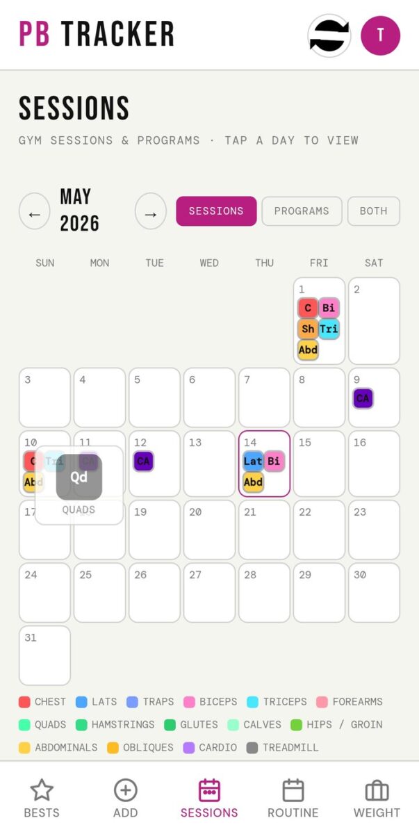BeStreak screenshot: sessions calendar light theme