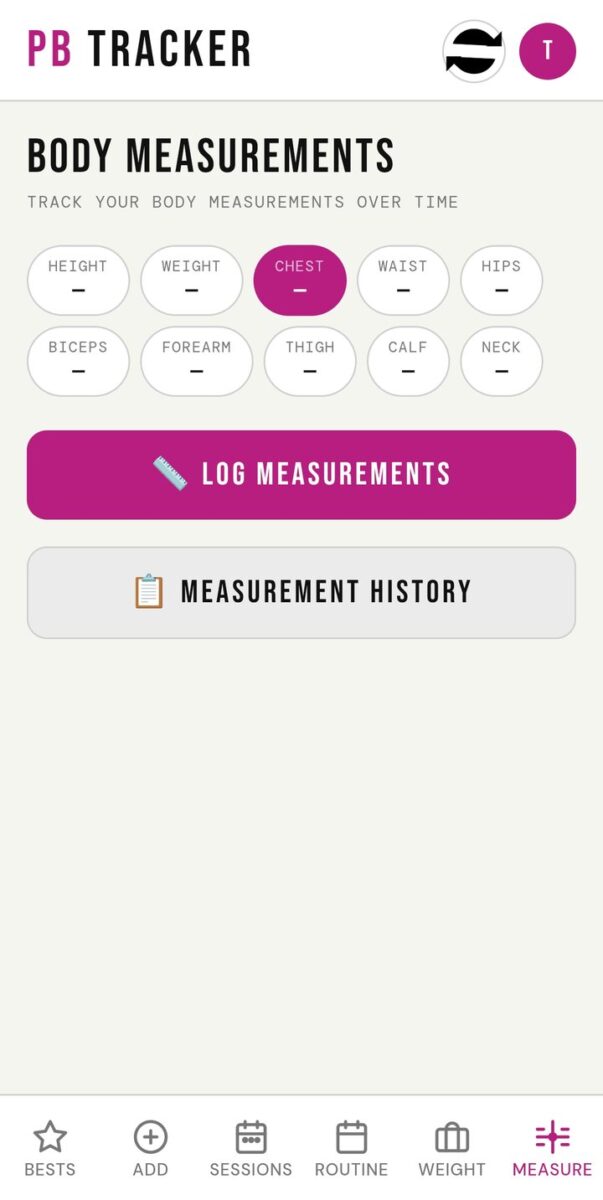 BeStreak screenshot: body measurements tab