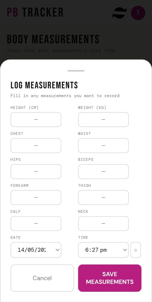 BeStreak screenshot: log measurements form
