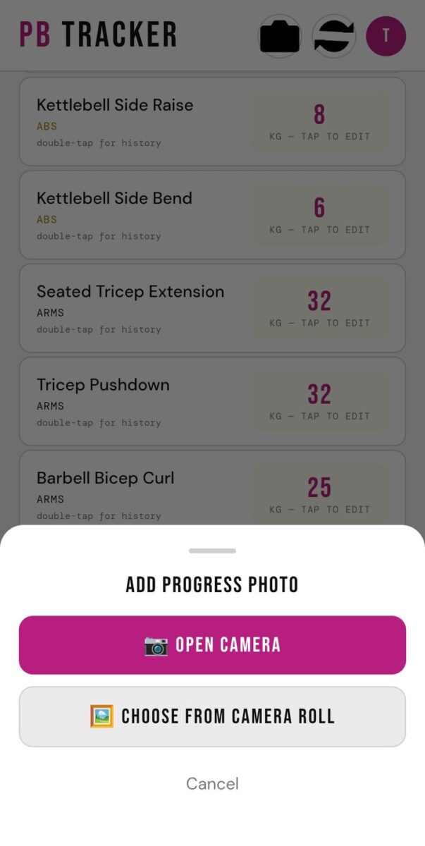 BeStreak screenshot: add progress photo sheet