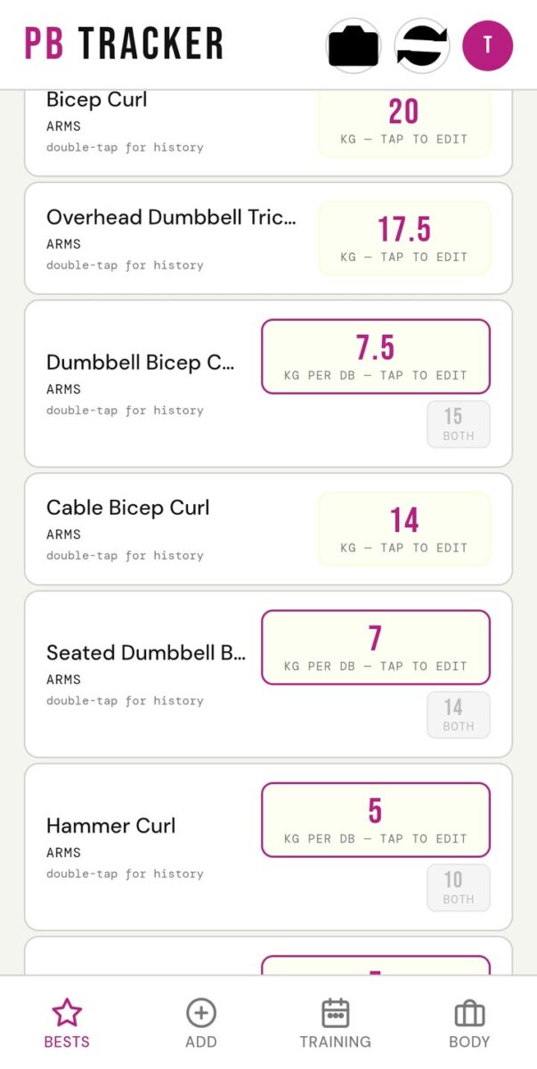 BeStreak screenshot: personal bests arms