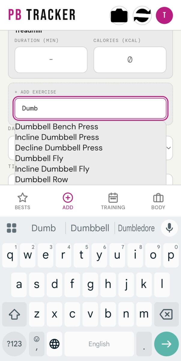 BeStreak screenshot: exercise autocomplete