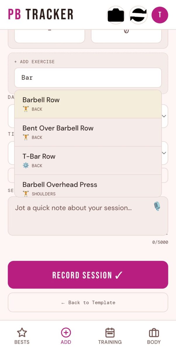BeStreak screenshot: exercise search suggestions