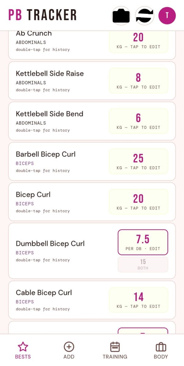 BeStreak screenshot: personal bests list