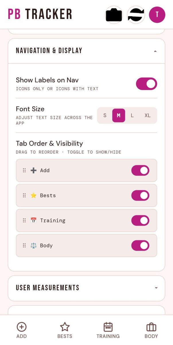 BeStreak screenshot: navigation and display settings