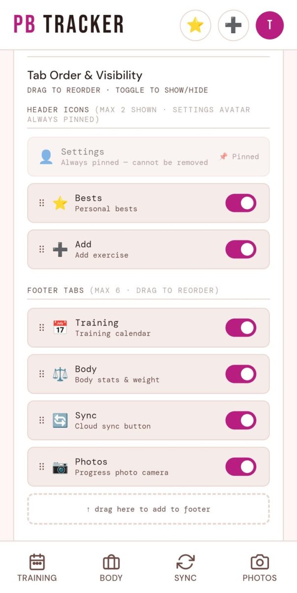 BeStreak screenshot: tab order header and footer