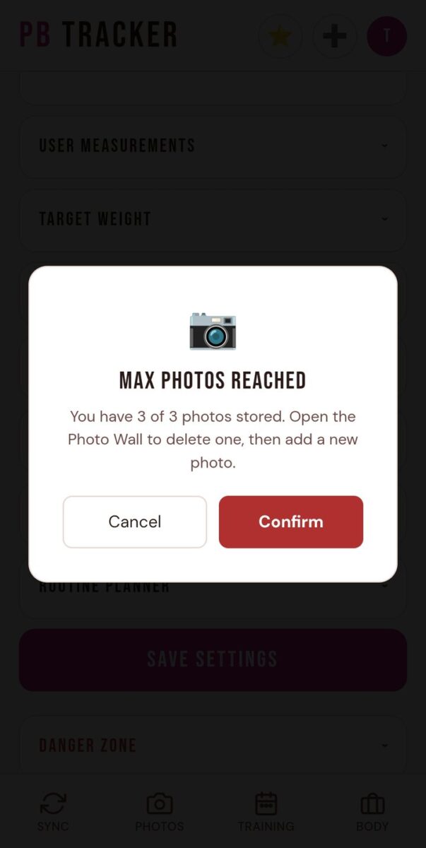 BeStreak screenshot: max photos reached