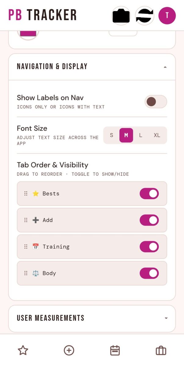 BeStreak screenshot: tab order settings