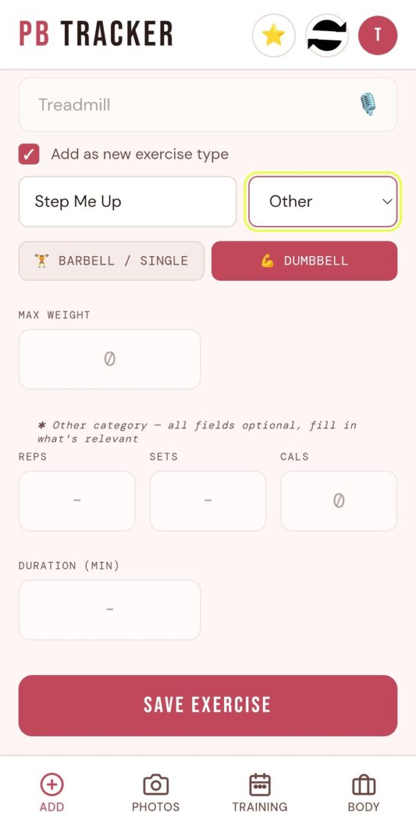 BeStreak screenshot: add new exercise type