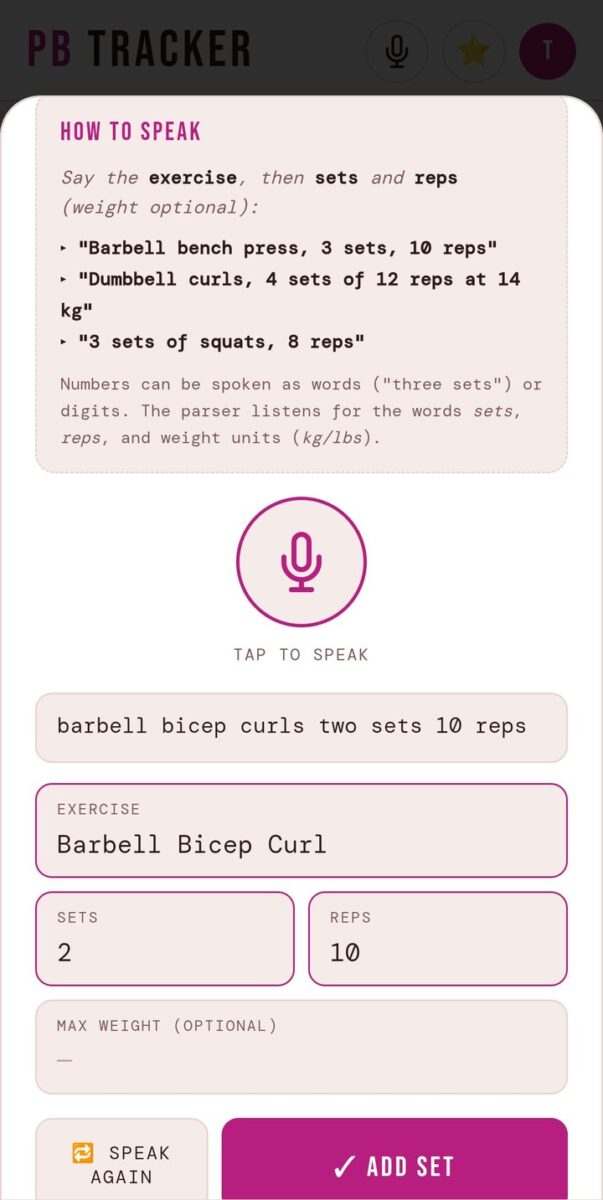 BeStreak screenshot: voice input how to speak