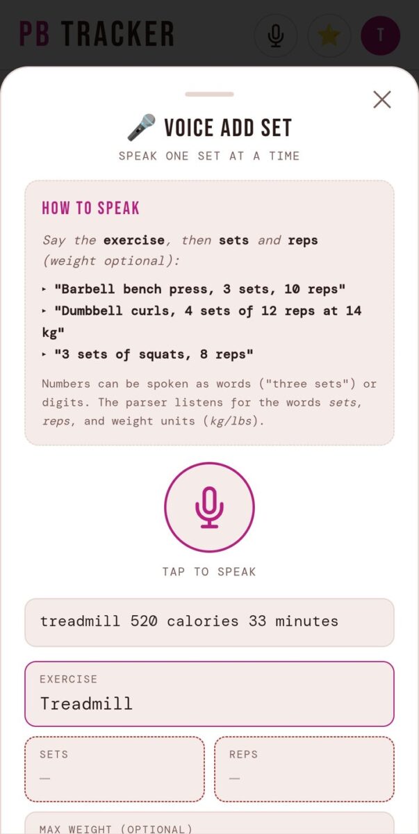 BeStreak screenshot: voice add set treadmill