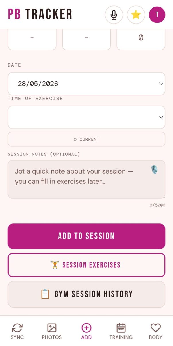BeStreak screenshot: session form and history buttons