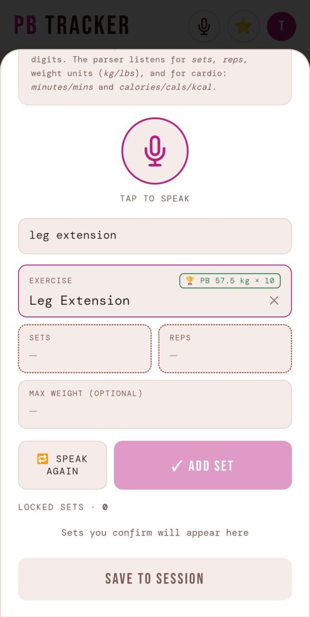 BeStreak screenshot: voice add set with pb badge