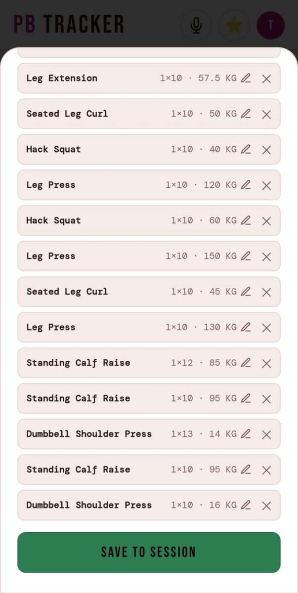 BeStreak screenshot: locked sets leg day