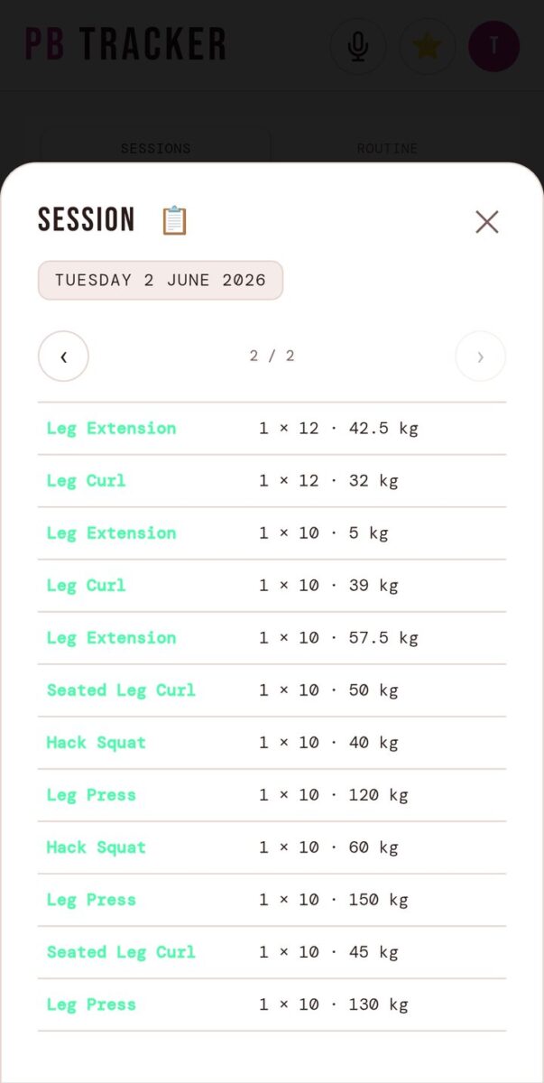 BeStreak screenshot: leg day session