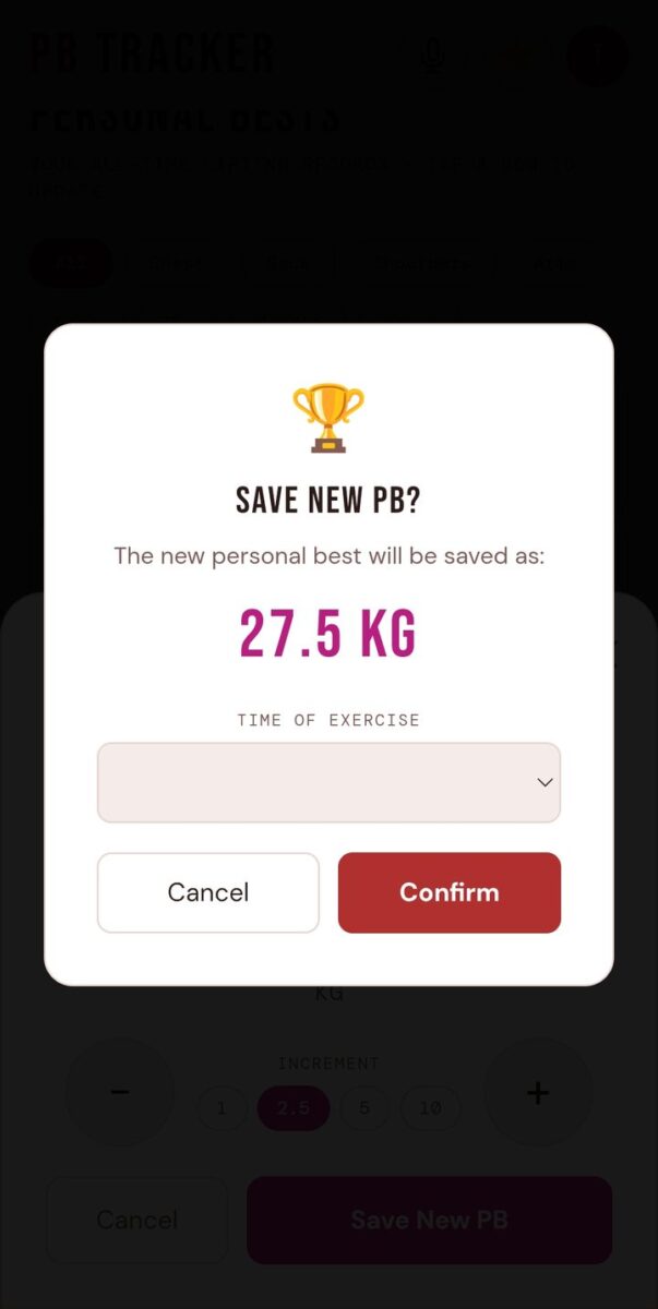 BeStreak screenshot: save new pb prompt