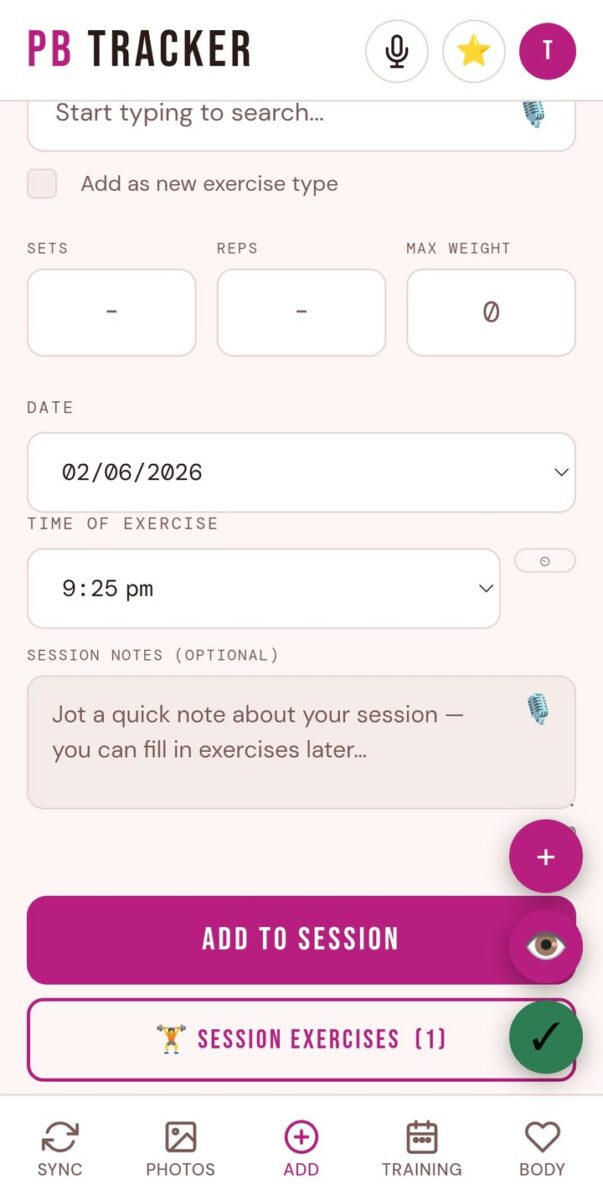 BeStreak screenshot: gym session form