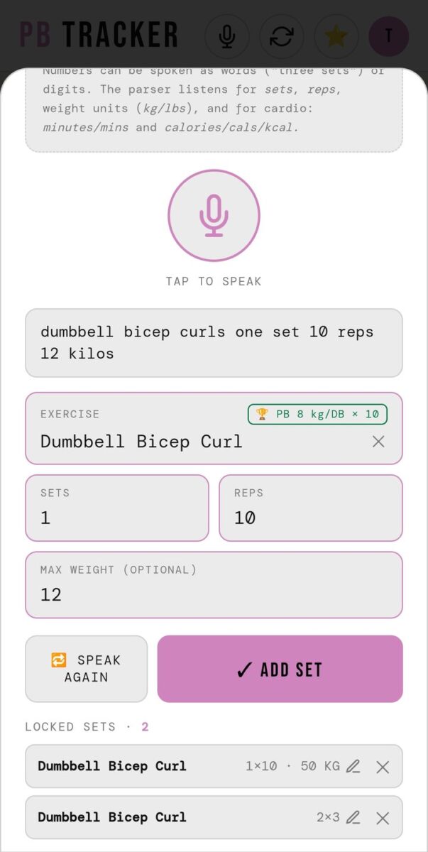BeStreak screenshot: voice set dumbbell per db