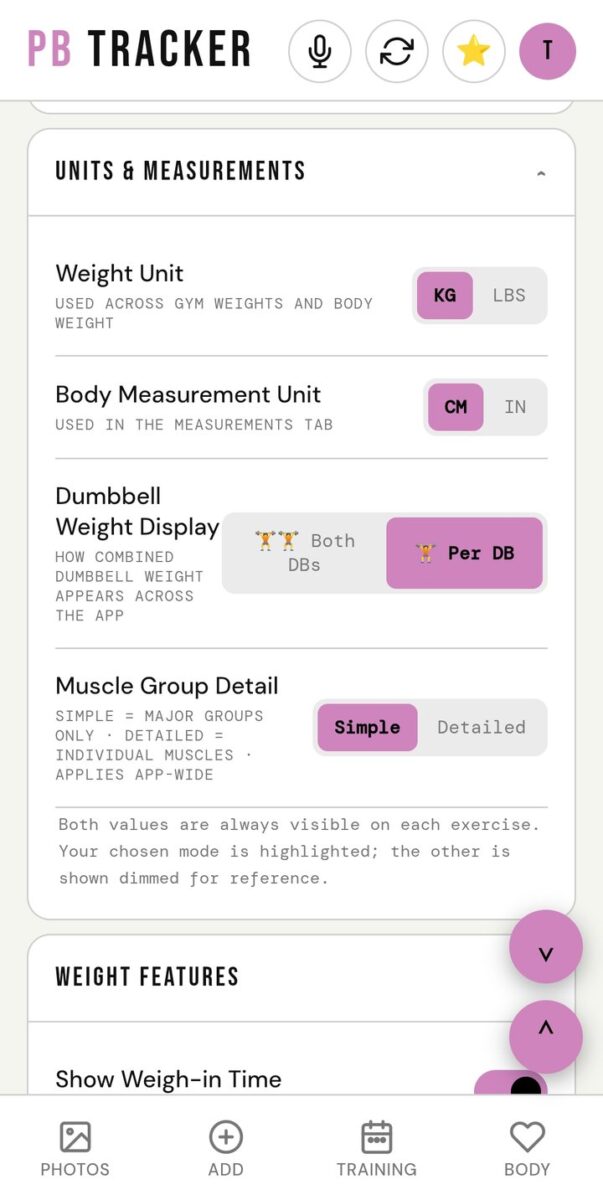 BeStreak screenshot: units and dumbbell display settings