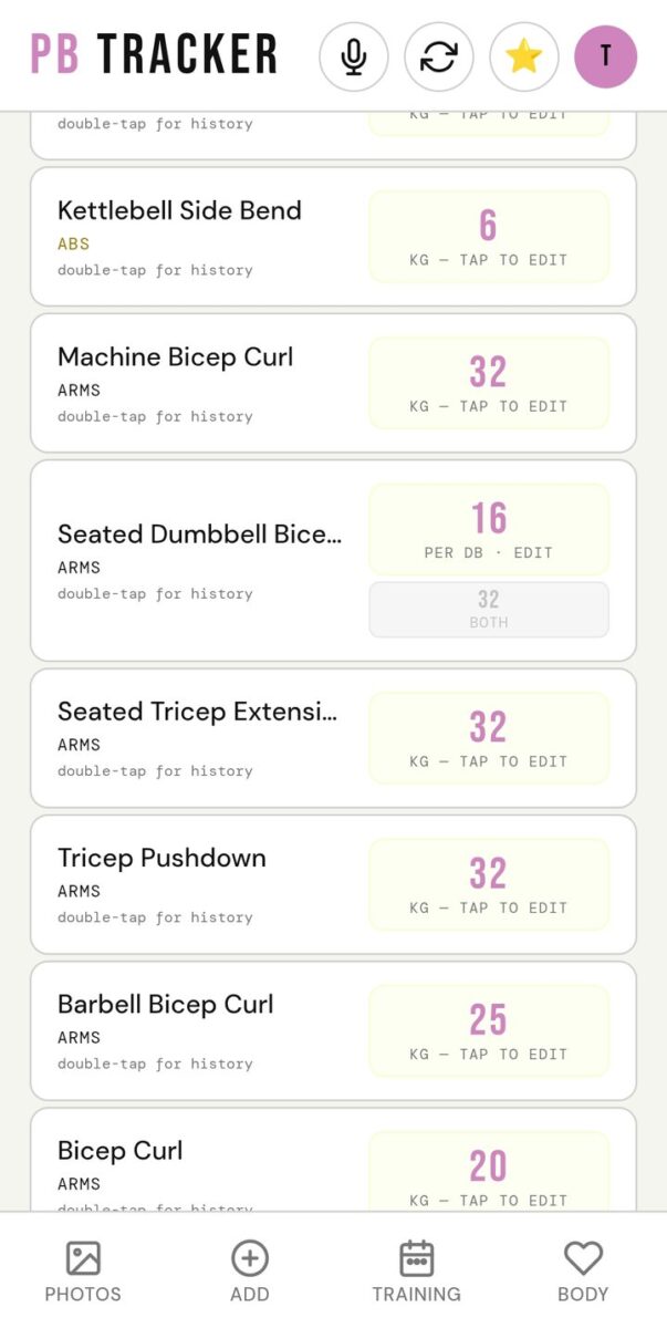 BeStreak screenshot: personal bests per dumbbell