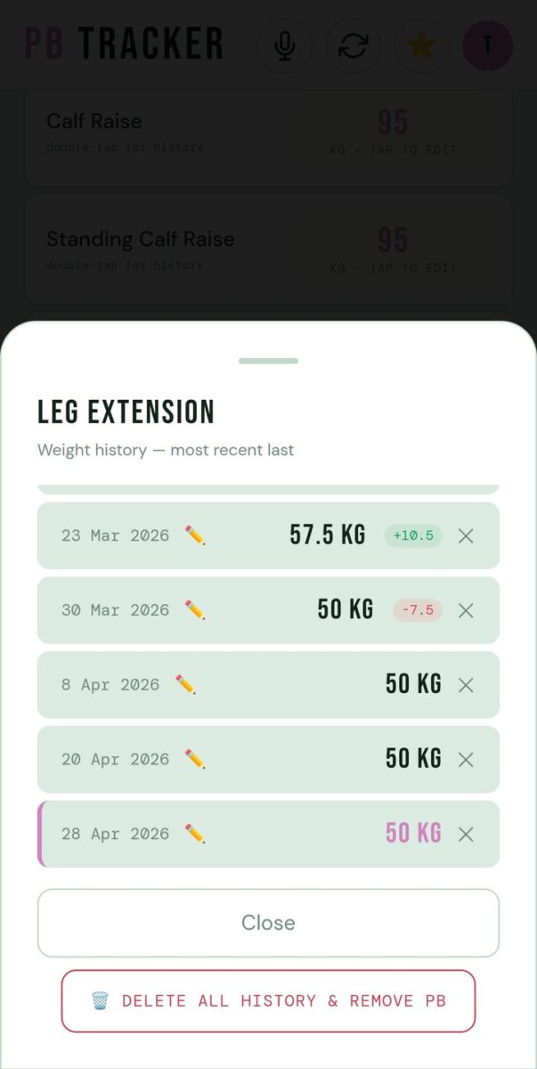 BeStreak screenshot: exercise weight history