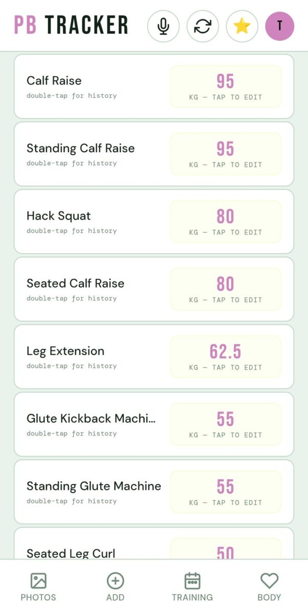 BeStreak screenshot: personal bests legs