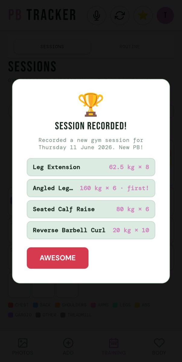 BeStreak screenshot: session recorded new pbs