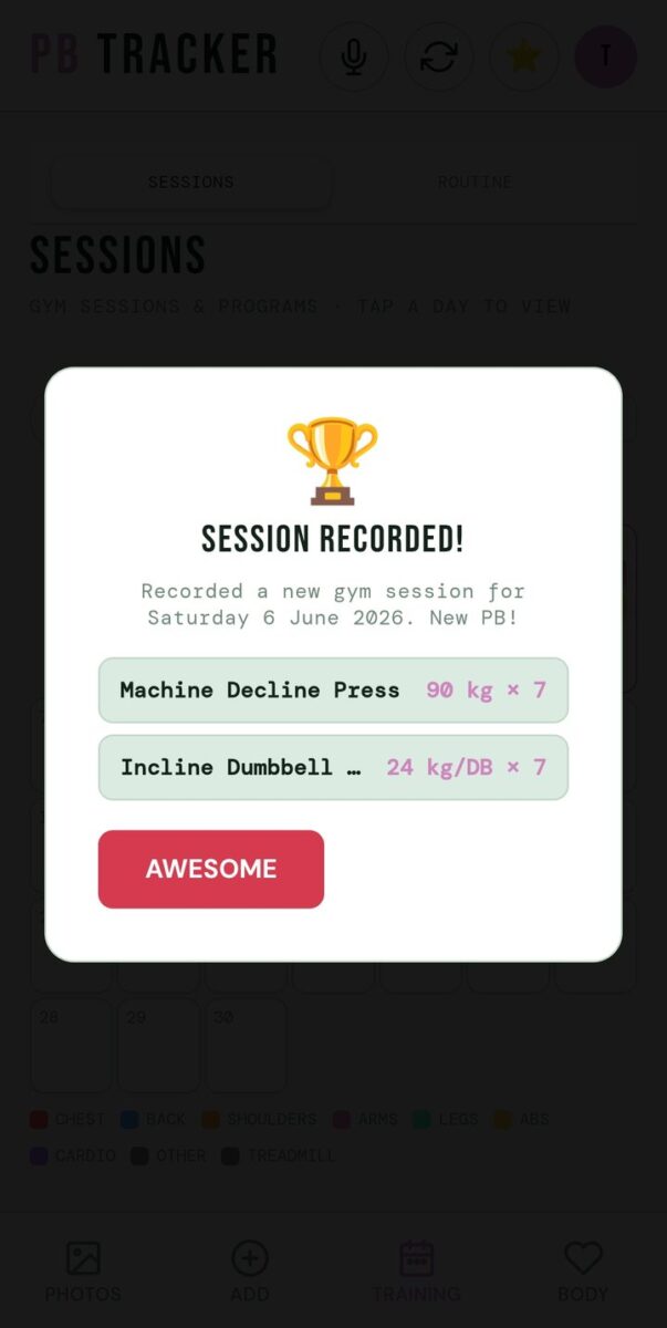 BeStreak screenshot: session recorded popup