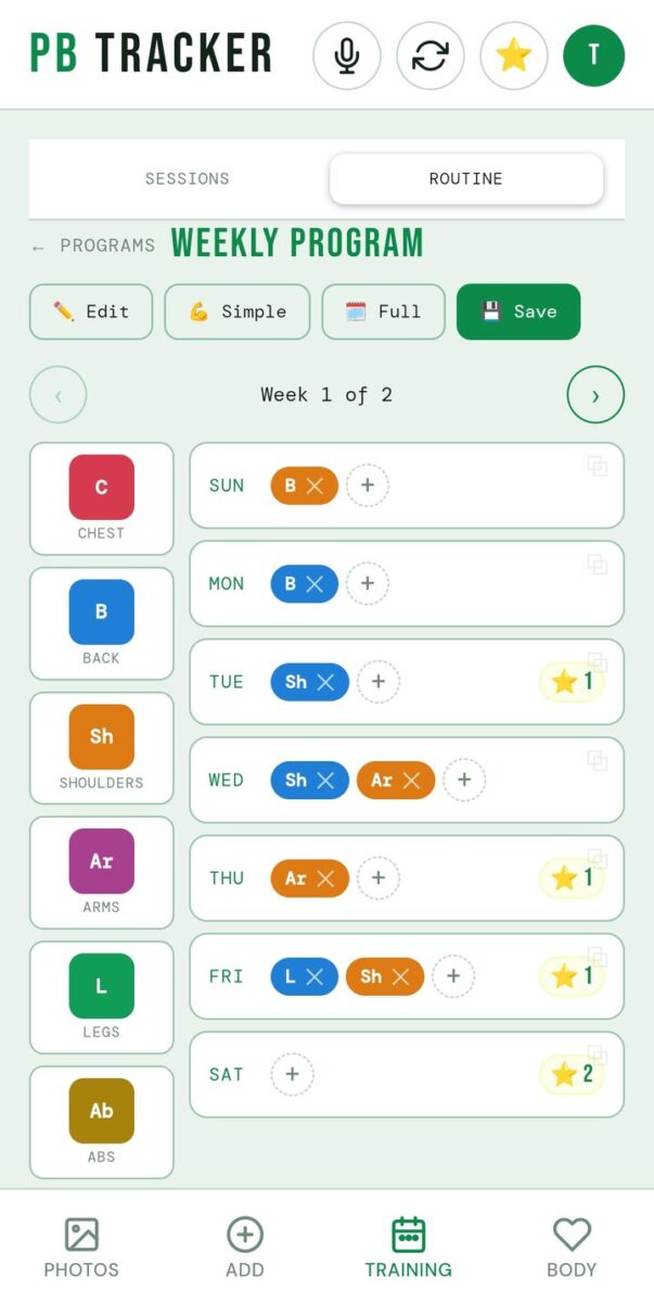 BeStreak screenshot: weekly program planner