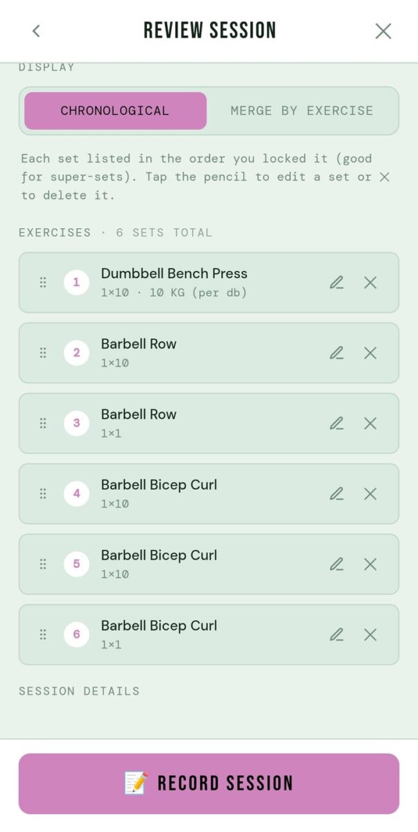 BeStreak screenshot: review session reordering