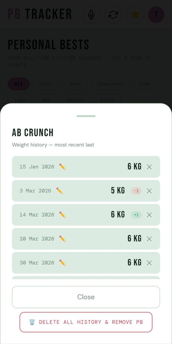 BeStreak screenshot: exercise history rows