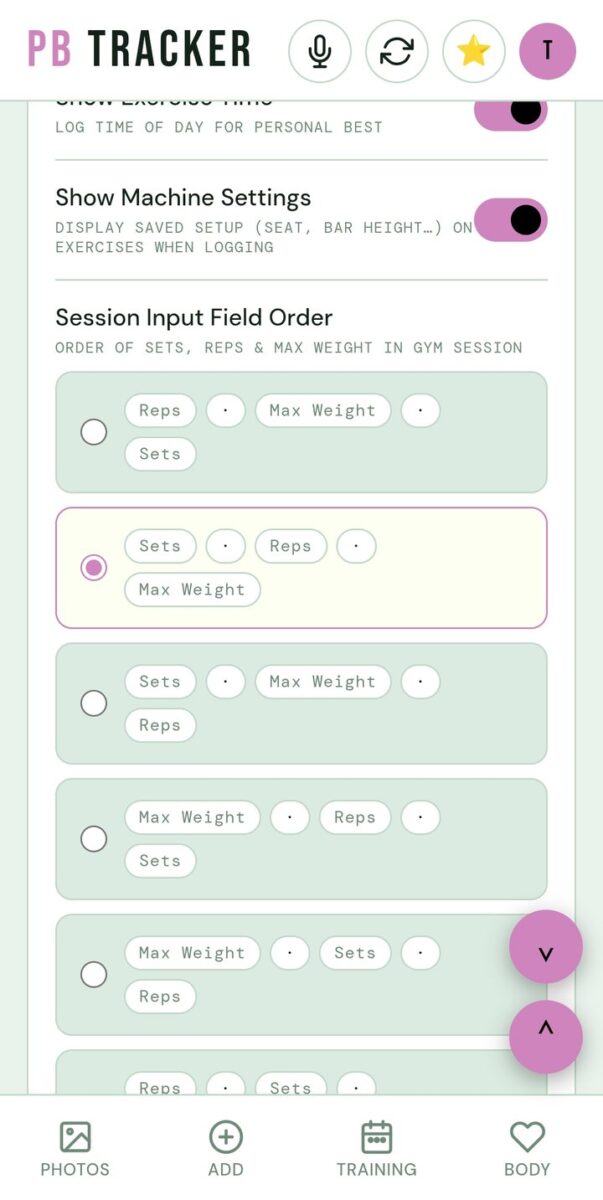 BeStreak screenshot: session input field order
