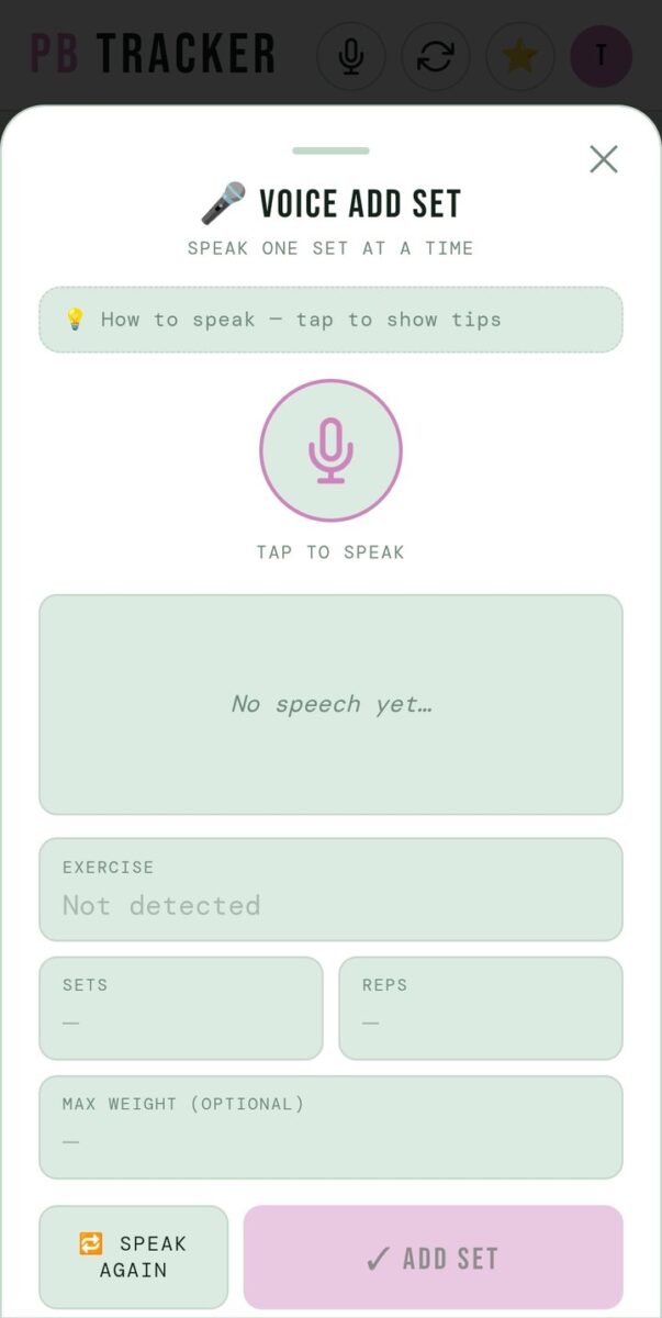 BeStreak screenshot: voice add set sheet
