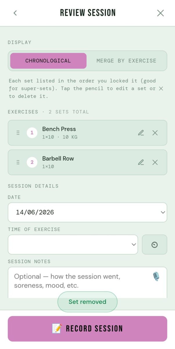 BeStreak screenshot: set removed toast